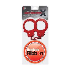  Набор для фиксации BONDX METAL CUFFS AND RIBBON: красные наручники из листового материала и липкая лента