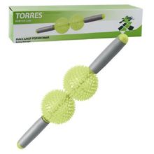Массажер роликовый Torres, длина 42см диаметр 8см, пластиковый с неопреновыми ручками. Зелено-серый