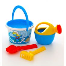 Смурфики-3 набор №2: ведро среднее с наклейкой, ситечко, совок №2, грабельки №2, лейка малая №4