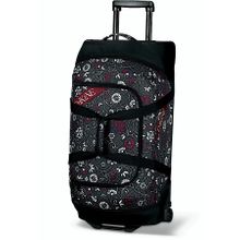 Большая чёрная женская дорожная сумка с рисунком цветов Dakine Womens Wheeled Duffle 90L Jasmine на колёсиках