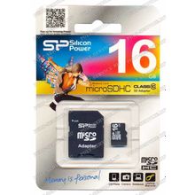 Карта памят 16 Gb Silicon Power MicroSD (Class10) с SD адаптером