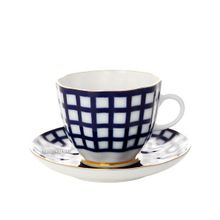 Кофейная чашка с блюдцем форма "Тюльпан" рисунок "Кобальтовая клетка", Императорский фарфоровый завод
