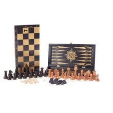 Игра 3в1 малая черная, рисунок золото с гроссмейстерскими буковыми шахматами (нарды, шахматы, шашки) (393-19)