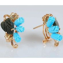 Серьги с бирюзой и нефритом "3 розы 1 лист в ряд"