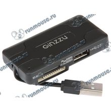 Картридер SDXC microSD MMC MS M2 Ginzzu "GR-417UB", внешн., 3 доп. порта USB, черный (USB2.0) (ret) [117537]