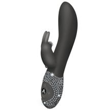 Чёрный вибромассажёр с клиторальным отростком и отделанной стразами рукоятью The Classic Rabbit - 22 см. Черный
