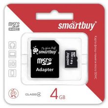 Карта памяти Micro SDHC 4Gb SmartBuy Class 4 + адаптер SD (SB4GBSDCL4-01)