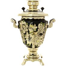 Самовар электрический 3 литра с чайником и подносом, роспись "Золотые цветы на черном фоне" с автоотключением, арт. 161656а