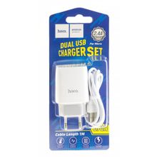 Сетевое зарядное устройство c 2 USB+кабель micro USB HOCO C73A, белое, max 2.1A