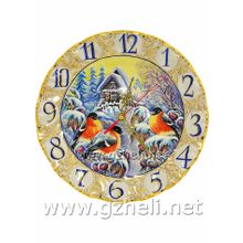 Часы настенные тарелка в цвете "Снегири". Гжельский фарфор. арт. 0485