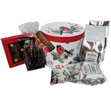 Подарочный набор чая, шоколада и конфет на Новый год "Снегири" в круглой коробке