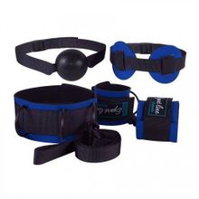 Сине-черный комплект для БДСМ-игр: наручники, кляп-шарик, маска, ошейник синий с черным