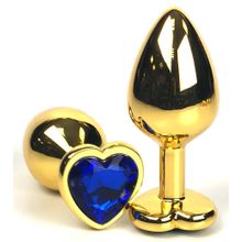 Золотистая анальная пробка с синим кристаллом-сердцем - 6 см. Синий