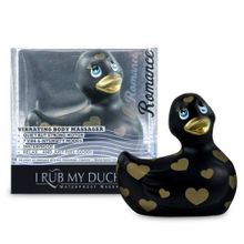 Черный вибратор-уточка I Rub My Duckie 2.0 Romance с золотистым принтом (черный с золотистым)