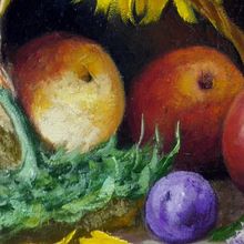 Картина на холсте маслом "Подсолнухи и фрукты на столе"