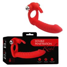 Красная вибронасадка Double Penetration Real с клиторальным зайчиком (244728)