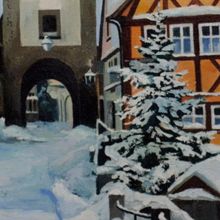 Картина на холсте маслом "На заснеженной улице старого чешского городка"