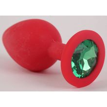 Красная силиконовая анальная пробка с зеленым стразом - 9,2 см. Зеленый