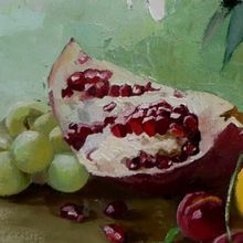 Картина на холсте маслом "Цветы на столе и фрукты"