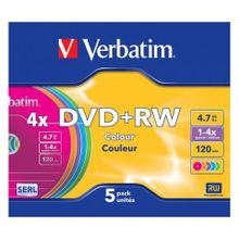Диск DVD+RW VERBATIM 4,7 Gb 4x Color, Slim Case (43297)