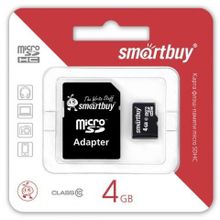 Карта памяти Micro SDHC 4Gb SmartBuy Class 10 + адаптер SD (SB4GBSDCL10-01)