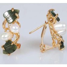 Серьги с жемчугом и нефритом "2 жемчужины 2 листа"