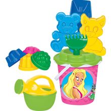 Набор №171: ведро с наклейкой, ситечко Солнышко, лопатка №5, грабельки №5, формочки (котёнок + медведь), 4 формочки, лейка малая №4