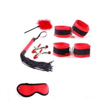 Набор: наручники, оковы, плеть, щекоталка, зажимы для сосков, маска красный