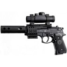 Пневматический пистолет Umarex Beretta 92 FS (глушитель, коллиматор, черн. с черн. пласт. накладками)