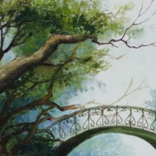 Картина на холсте маслом "Кованый мостик, легкое движение реки"