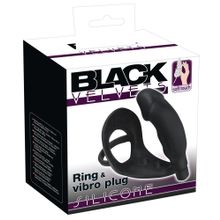 Черное кольцо с анальной вибропробкой Black Velvets Черный