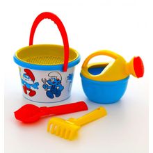 Смурфики-4 набор №2: ведро среднее с наклейкой, ситечко, совок №2, грабельки №2, лейка малая №4