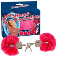  Малиновые меховые наручники Love Cuffs Red