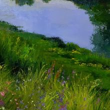 Картина на холсте маслом "На цветущем склоне у тихой речки"