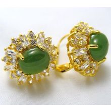 Серьги с нефритом "Двойные цирконы"